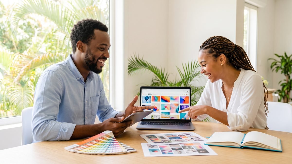 Deux professionnels guadeloupéens comparent des visuels générés par l'IA, nuancier et planches imprimées sur la table