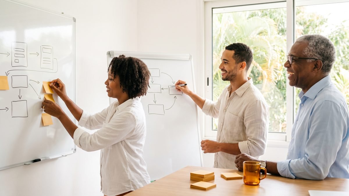 Trois professionnels guadeloupéens dessinent un enchaînement d'automatisations au tableau blanc
